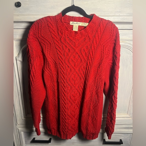 Vintage Eddie Bauer Red Oversized Crewneck Chunky Aran Knit Grandpa Sweater - Picture 1 of 6